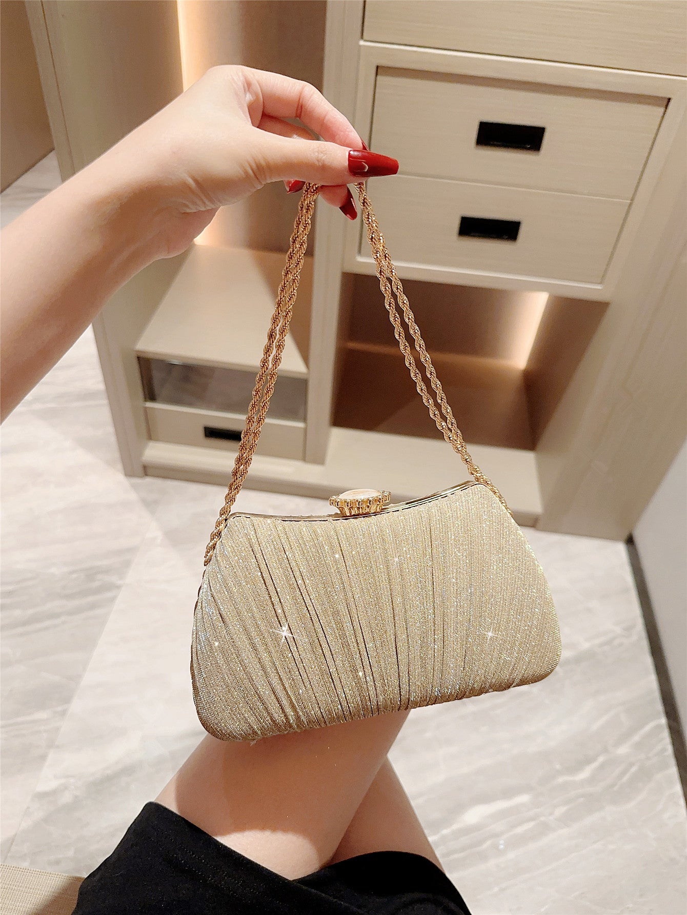 Shiny Pleated Evening Party Dress One Shoulder Prom Bag