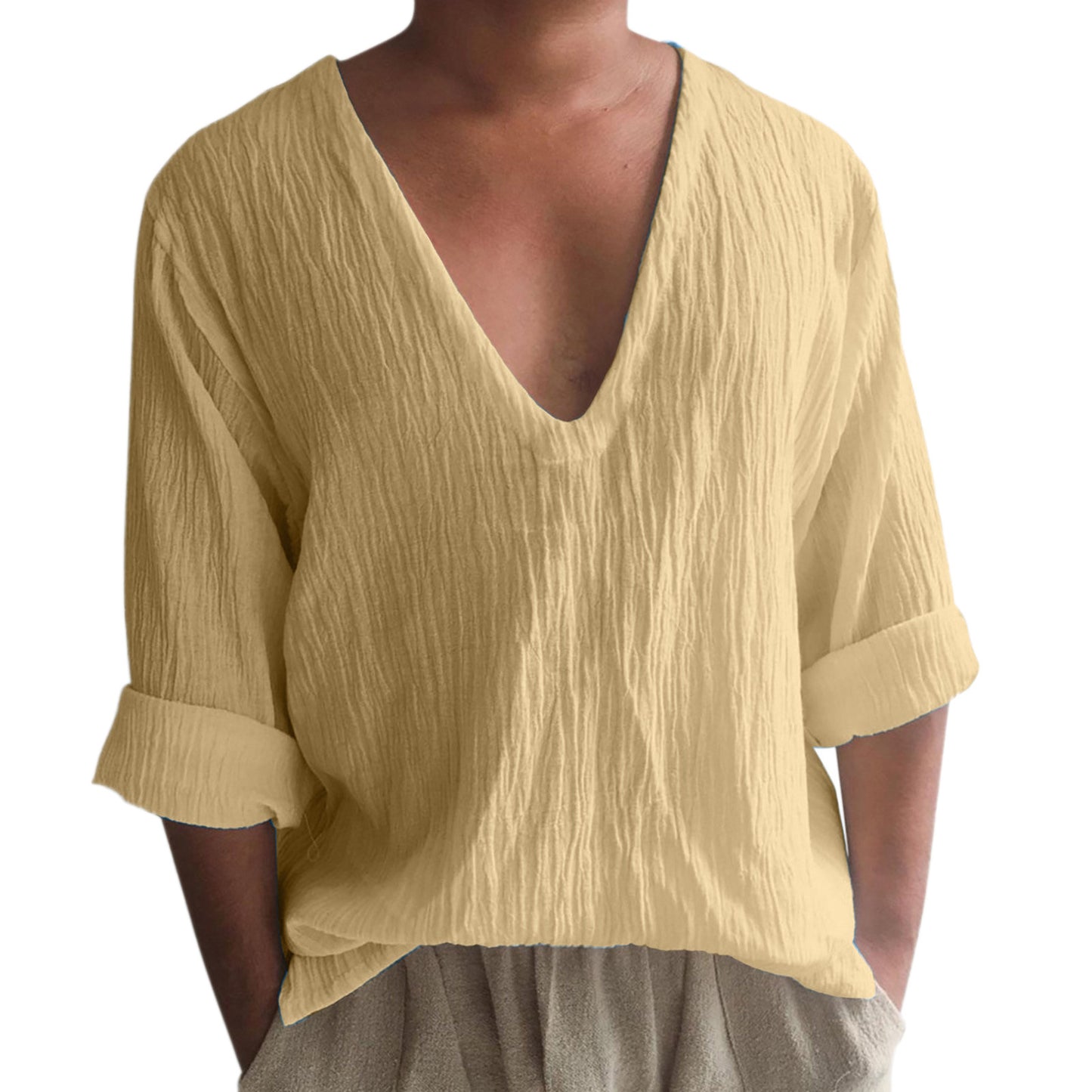 Men's Long Sleeve Solid Color And V-neck Washed Cotton T-shirt