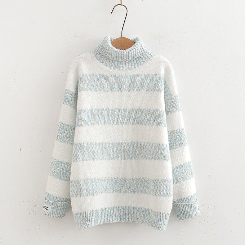 Japanese Style Half Turtleneck Pullover Long Sleeve Knitted Sweater Striped Contrast Color Ladies