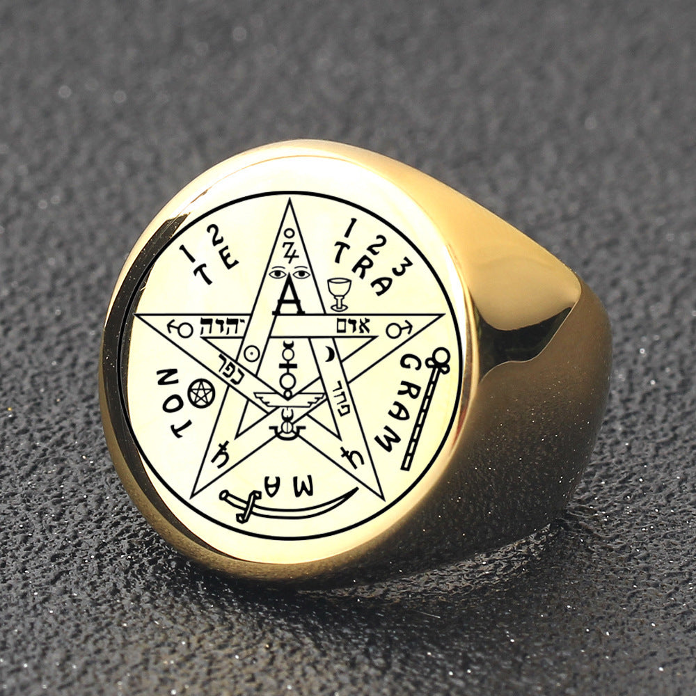 Five-pointed Star Stamp Letter Geometric Glossy Round 22MM Creative Stainless Steel Ring