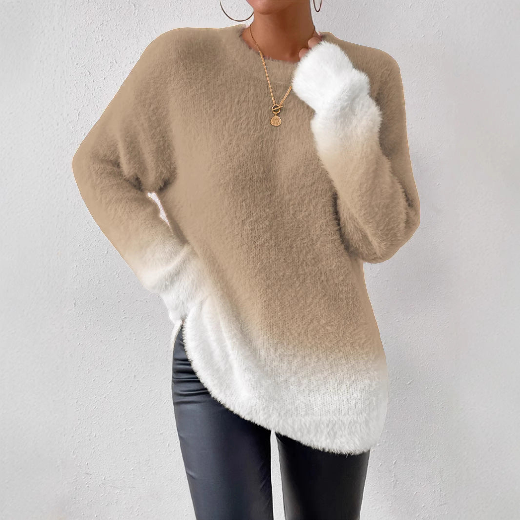 Lady Temperament Woolen Gradient Top Fashion Round Neck Sweater