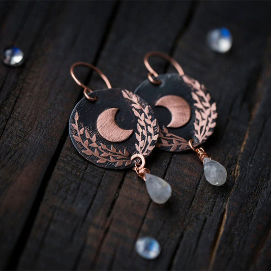 Retro Round Red Copper Carved Crescent Moon Leaf Earrings