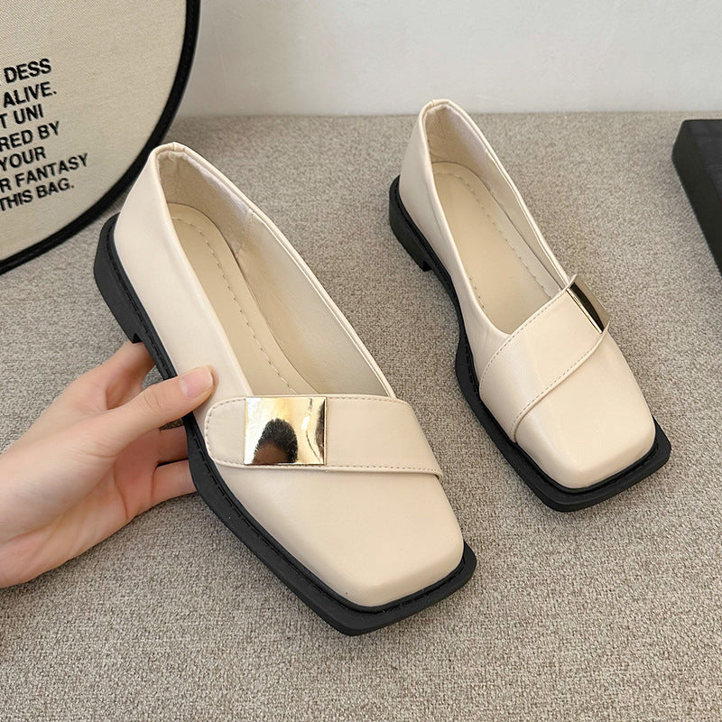 Metal Buckle Square Head Women's Flat-heeled Shoes