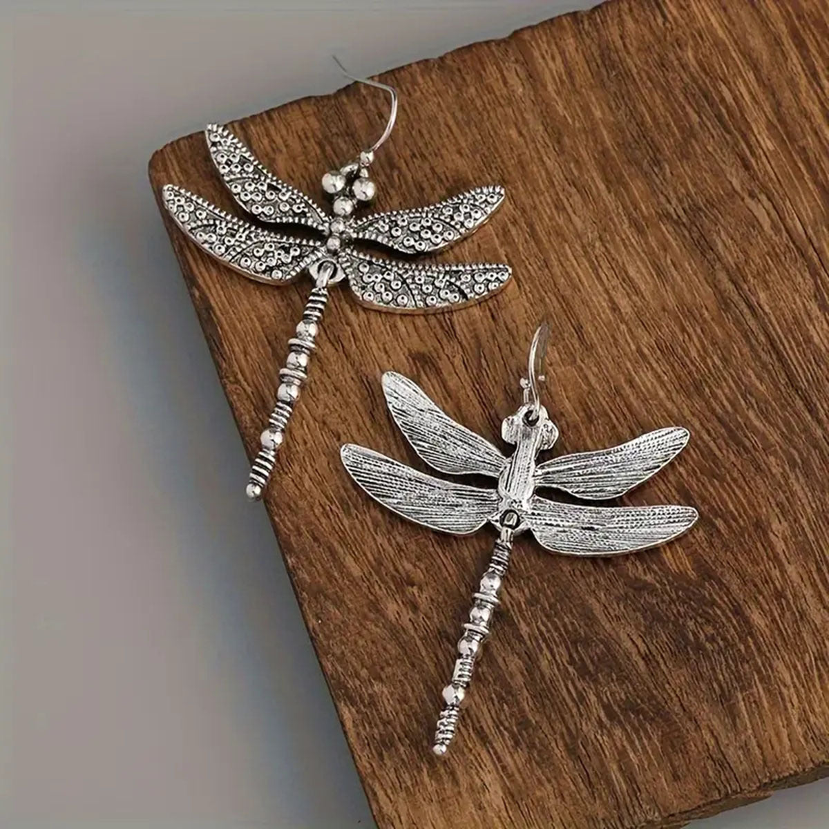 Bohemian Silver Plated Dragonfly Earrings Carved Design