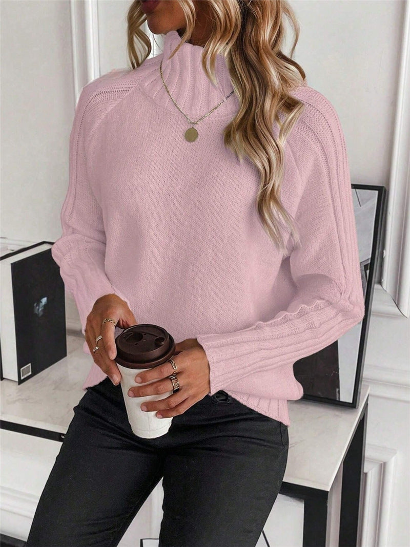 Women's Pure Color All-matching Pullover Raglan Long Sleeve Sweater Autumn And Winter Turtleneck