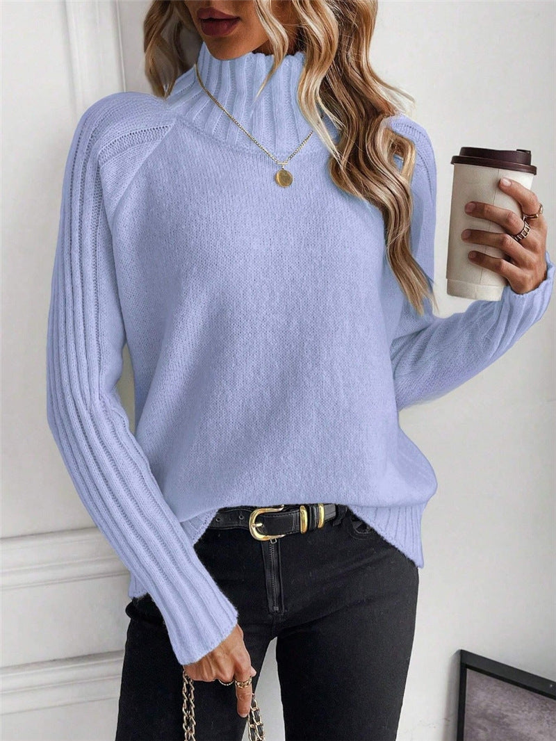 Women's Pure Color All-matching Pullover Raglan Long Sleeve Sweater Autumn And Winter Turtleneck