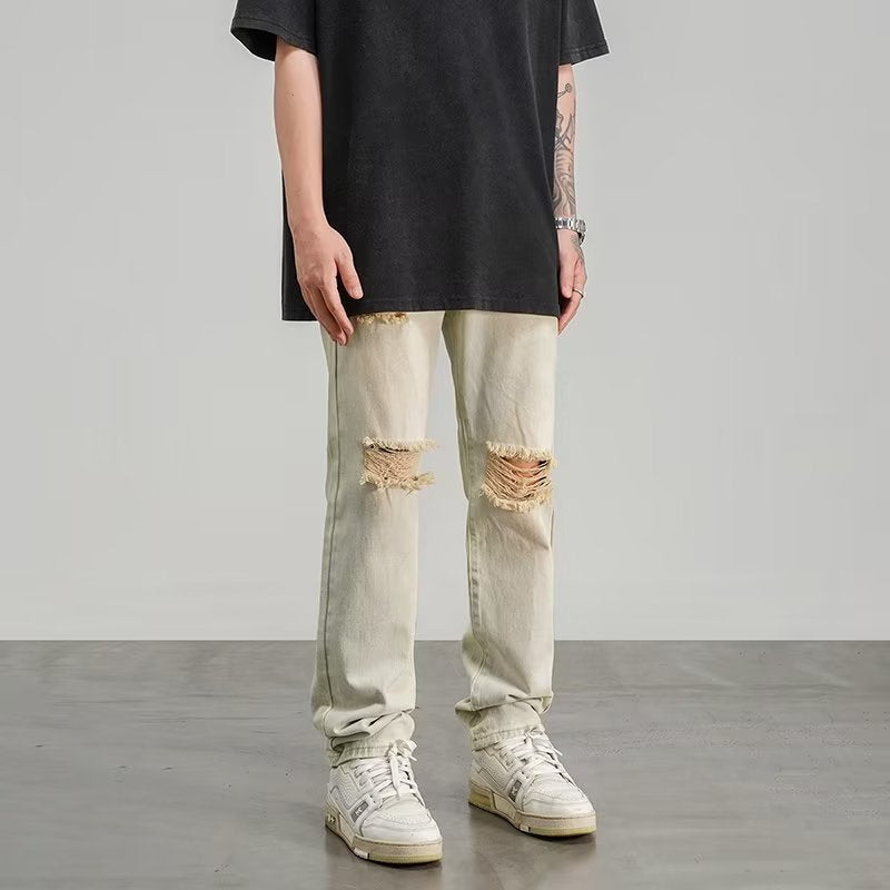 Ripped Jeans Men's Thin Yellow Mud Color Wide Leg