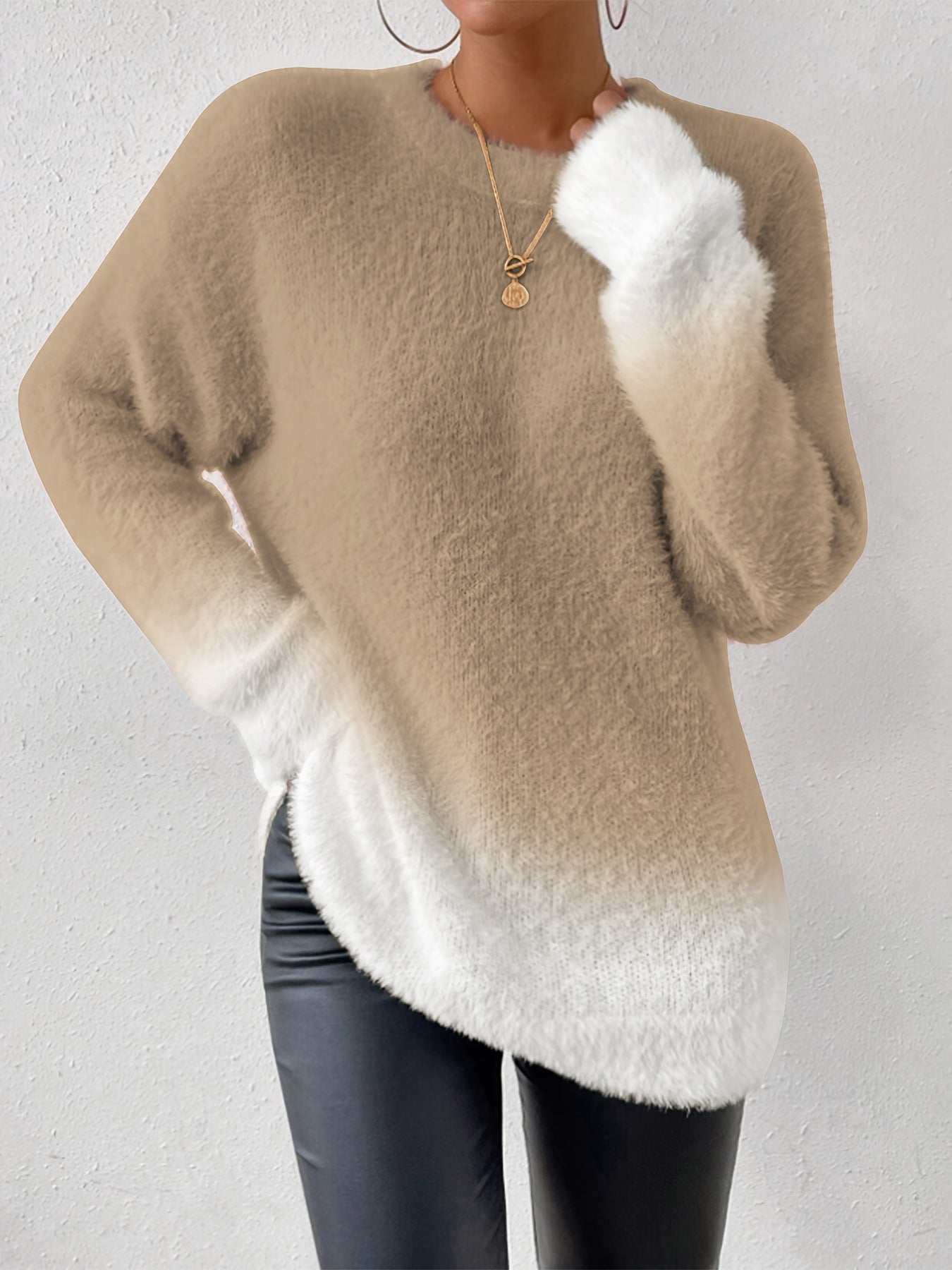 Lady Temperament Woolen Gradient Top Fashion Round Neck Sweater