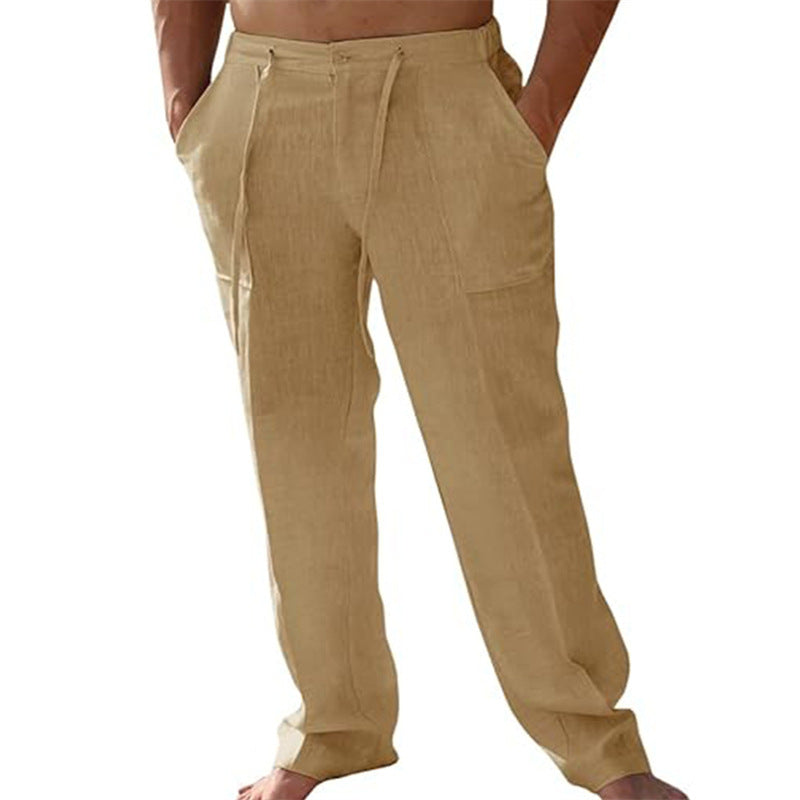 Men's Casual Linen Patch Pocket Loose Drawstring Straight Summer Beach Yoga Trousers