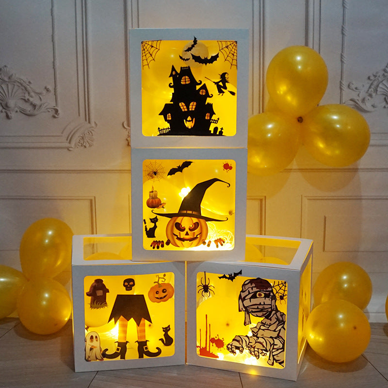 Halloween Balloon Boxes Black Transparent Box Block With Ghost Pumpkin Horror Sticker Gift For Halloween Party Decor Supply