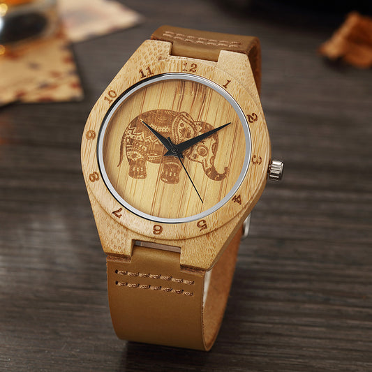 Classic Elephant Leather Retro Simple Bamboo Wood Quartz Watch