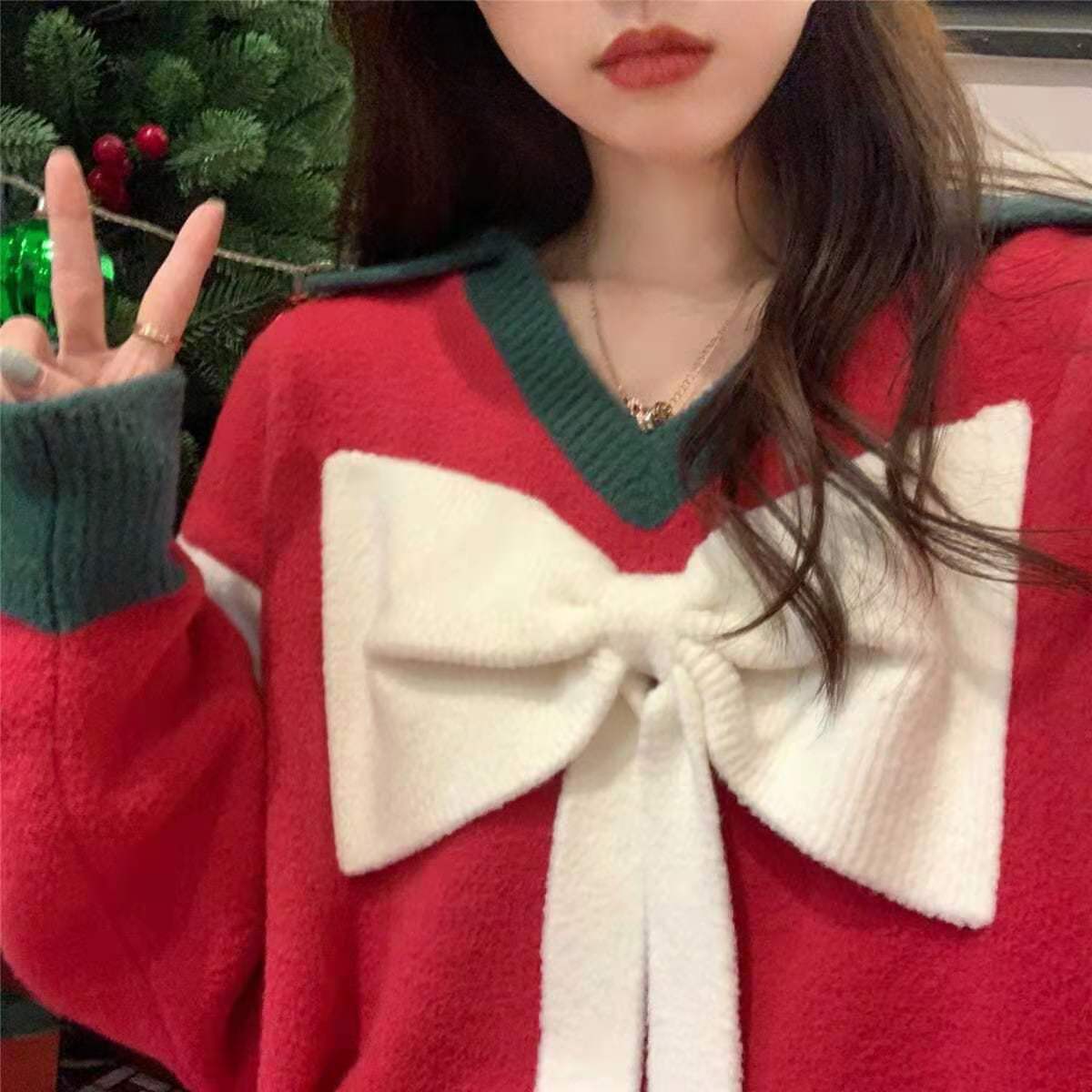 Fashion Christmas Red Bow Sweater For Women