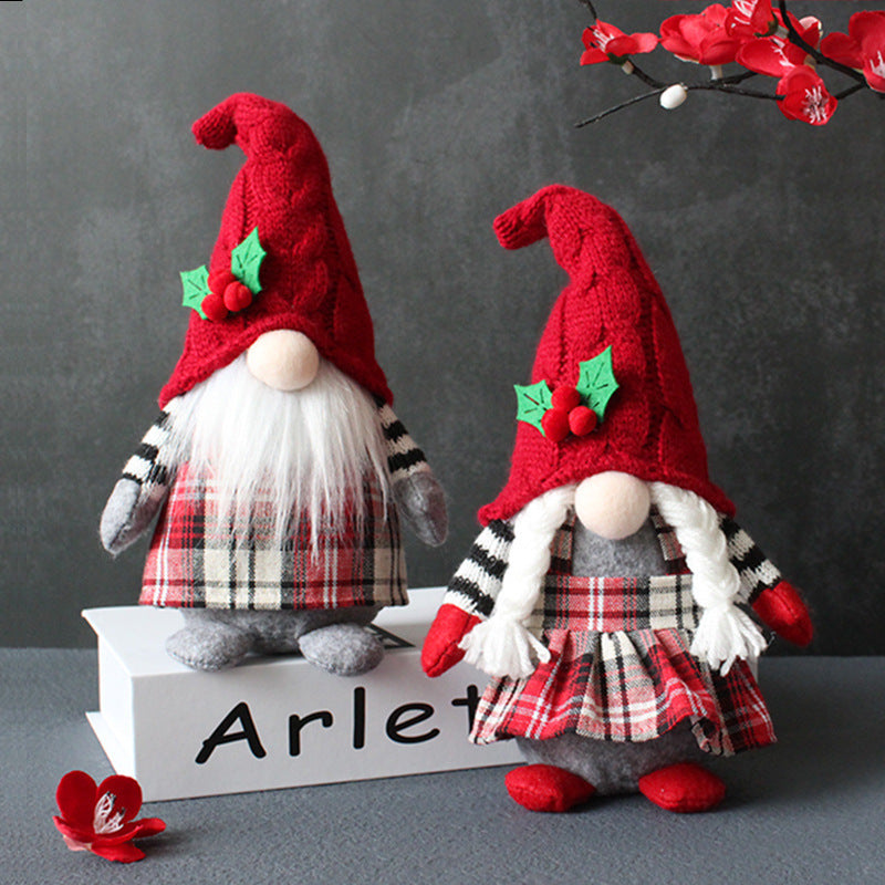 Cute Braids Faceless Plaid Hooded Forest Old Man Doll Home Plush Desktop Decoration