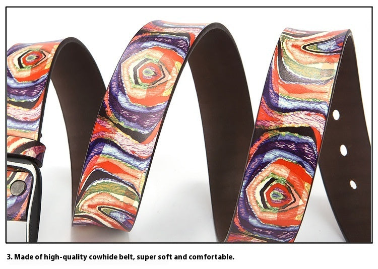 Pure Cowhide Printed Rainbow Graffiti Leather Decorative Belt