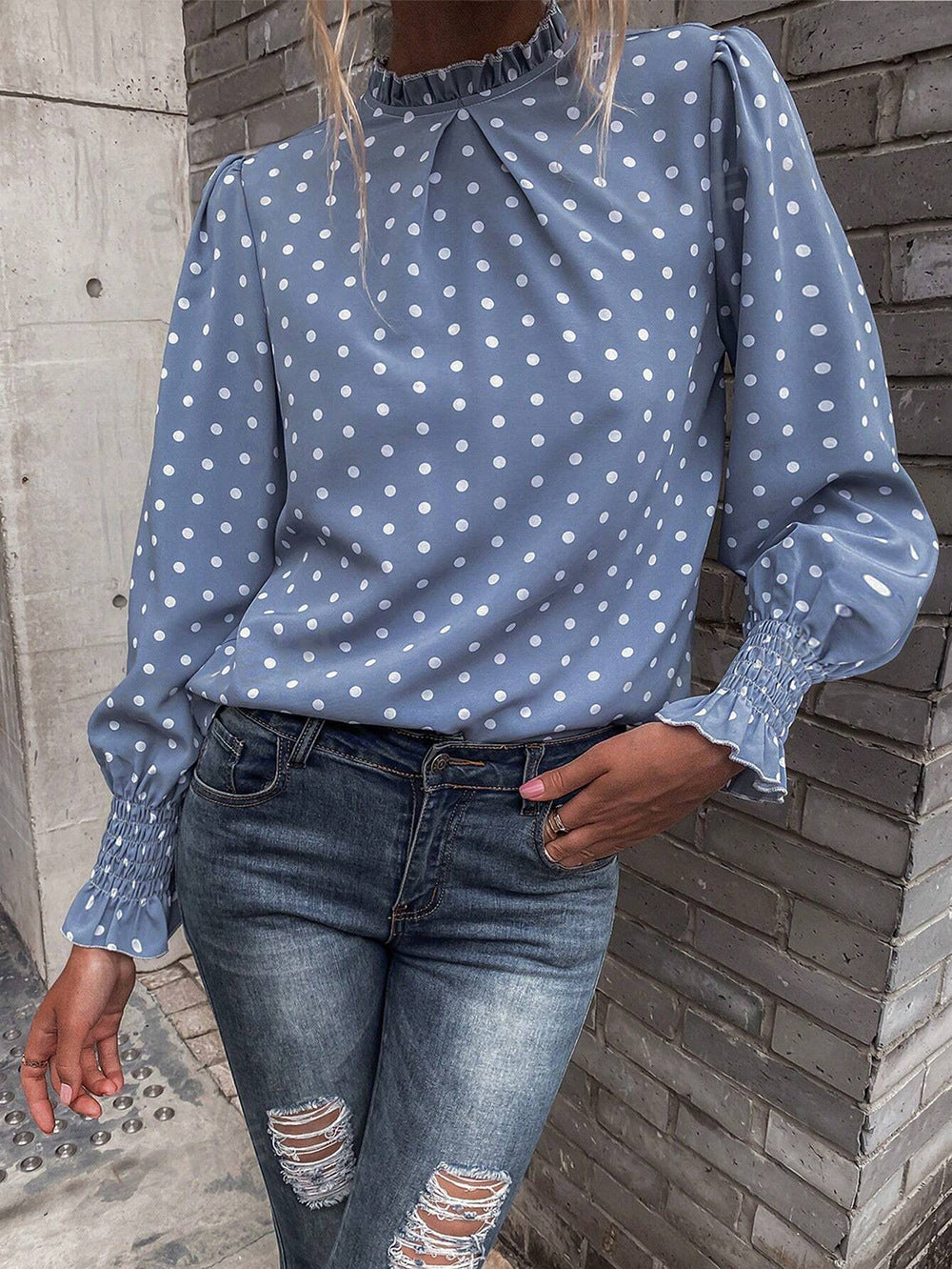 Polka Dot Printed Puff Sleeve Elegant Women's Shirt