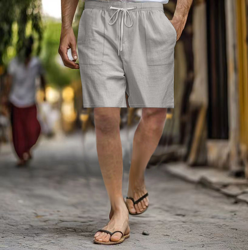 Men's Cotton Linen Multi-pocket Drawstring Leisure Beach Shorts