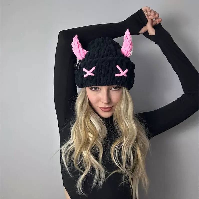 Wool Hat Cute Devil Mask Horn Head Cover