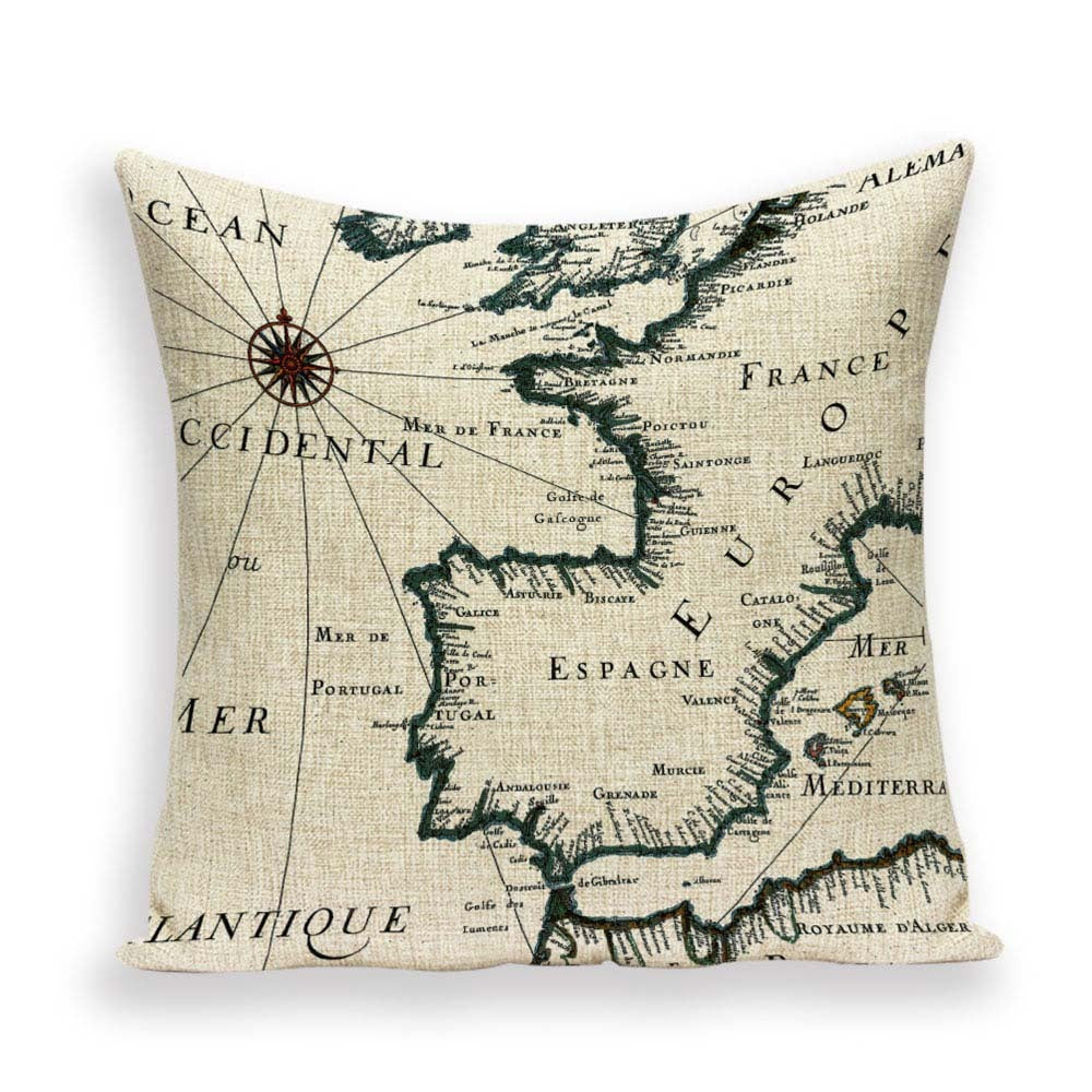 New Retro Toss Pillow Case European World Map Cushion Cover Seat Sofa Covers Morocco Linen House Home Decor Throw Pillows Cases