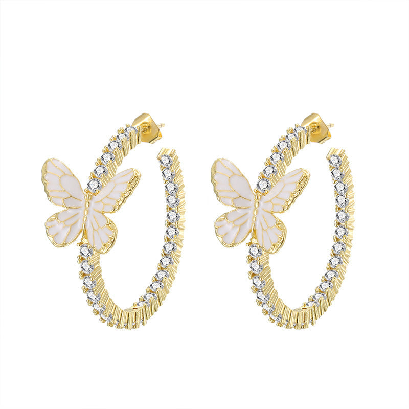 Xin Decoration White Butterfly Earrings Circle Micro Inlaid Zircon