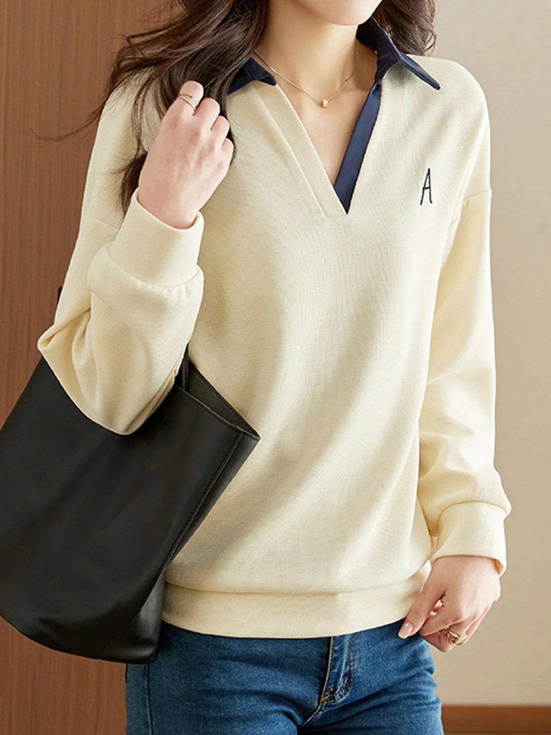 Lapel Contrast Color Loose Lazy Long Sleeve Hooded V-neck Sweatshirt