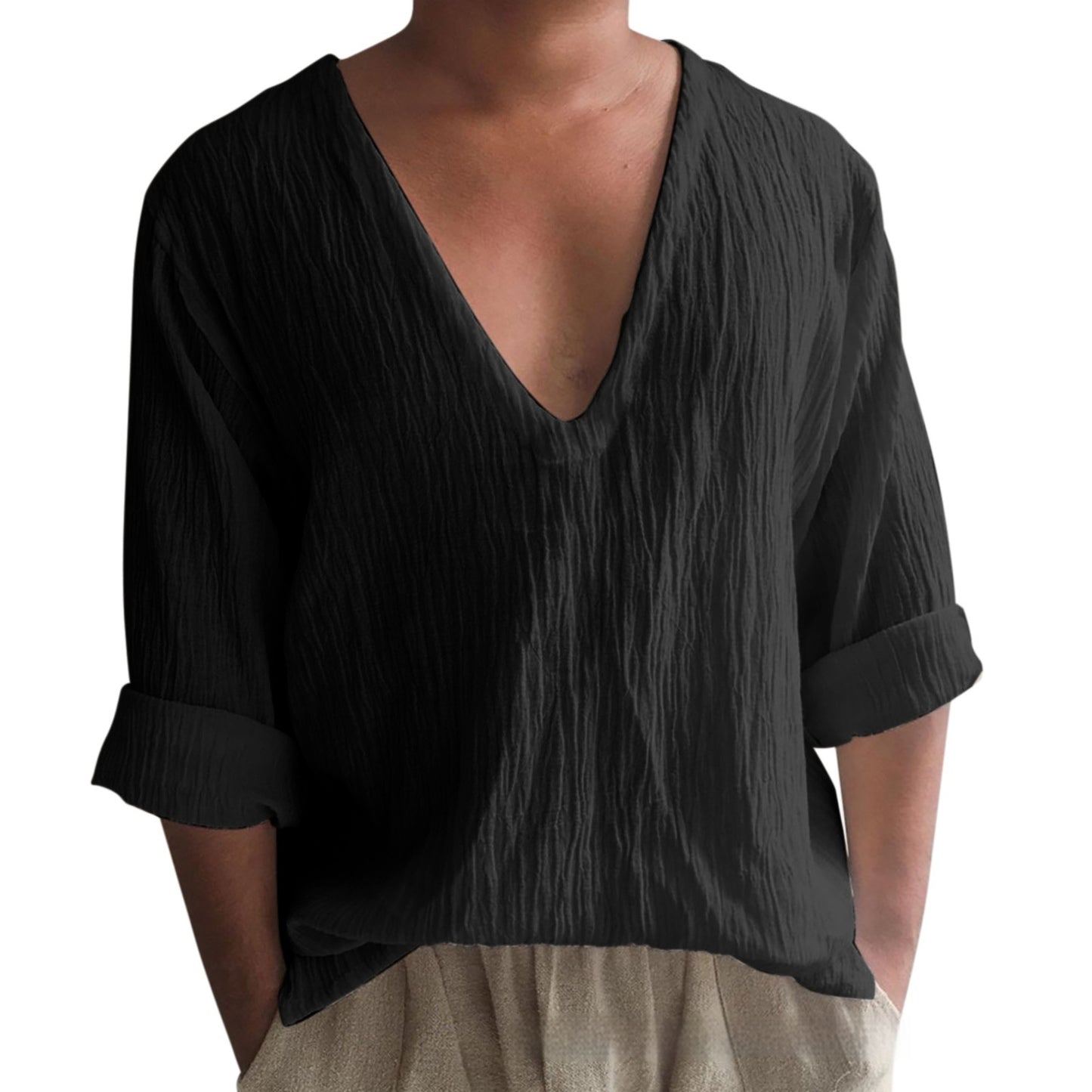 Men's Long Sleeve Solid Color And V-neck Washed Cotton T-shirt