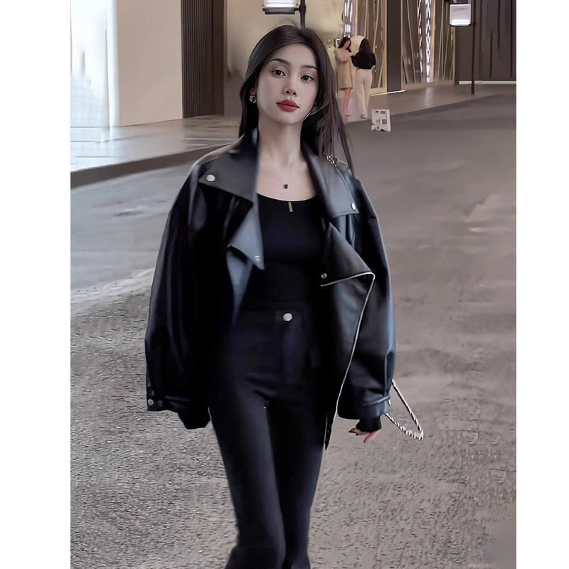 Casual Loose Small Plus Size Black Leather Coat