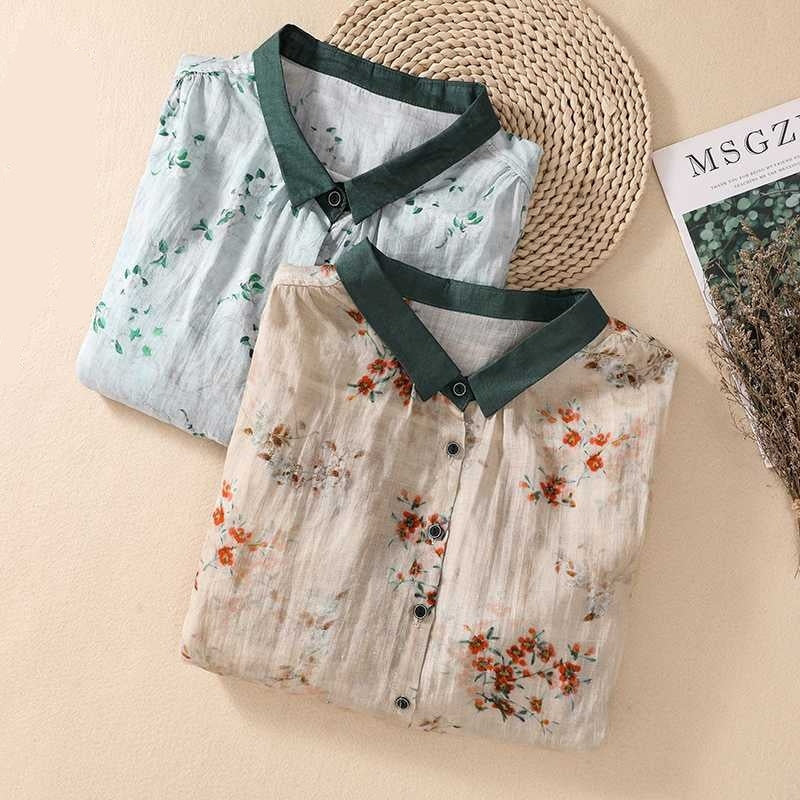Cotton And Linen Top Women's Loose Printed Linen Shirt