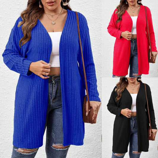 Sunken Stripe Brushed Plus Size Women's Mid-length Solid Color And V-neck Long-sleeved Cardigan