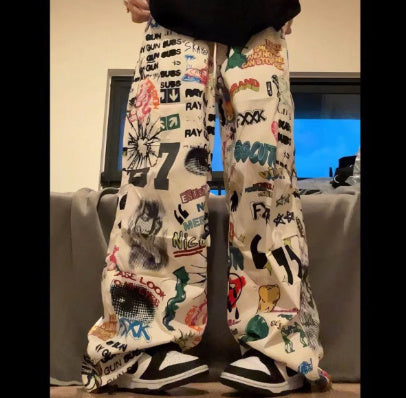 Men's And Women's Drawstring Wide-leg Pants Graffiti Pants