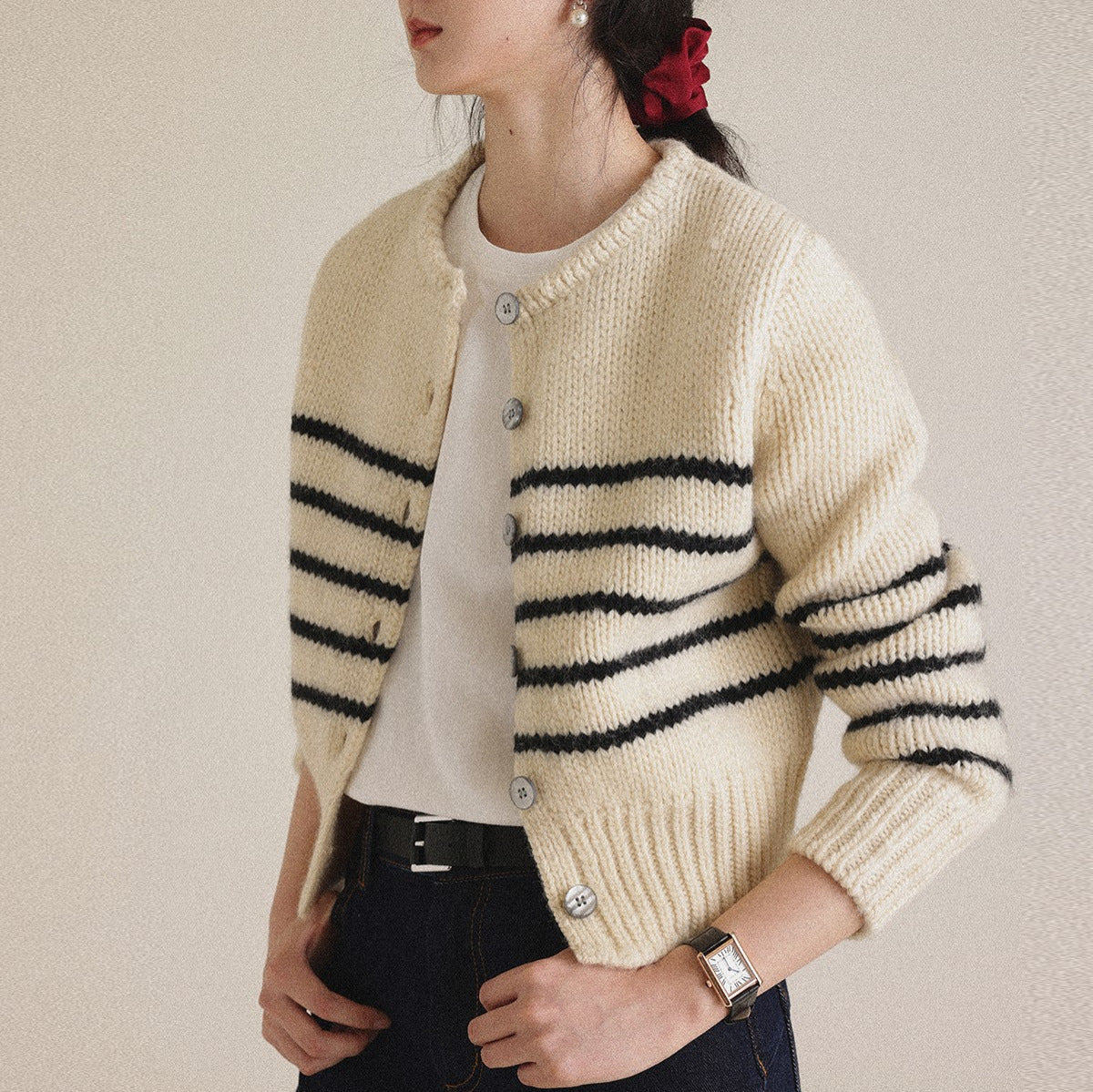 Striped Knitted Cardigan Sweater Short Coat