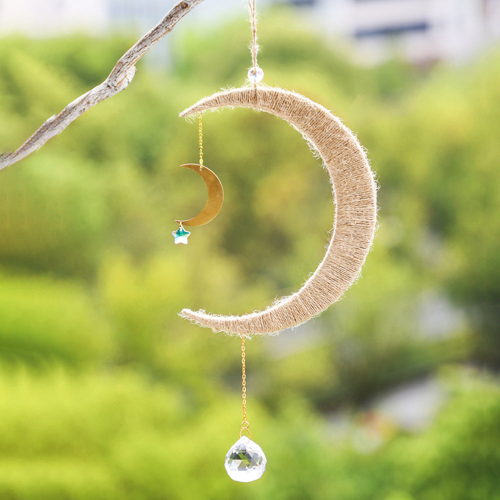 Wooden Woven Hand Gift Moon Crystal Gardening Sun Catcher Wall Decoration Pendant