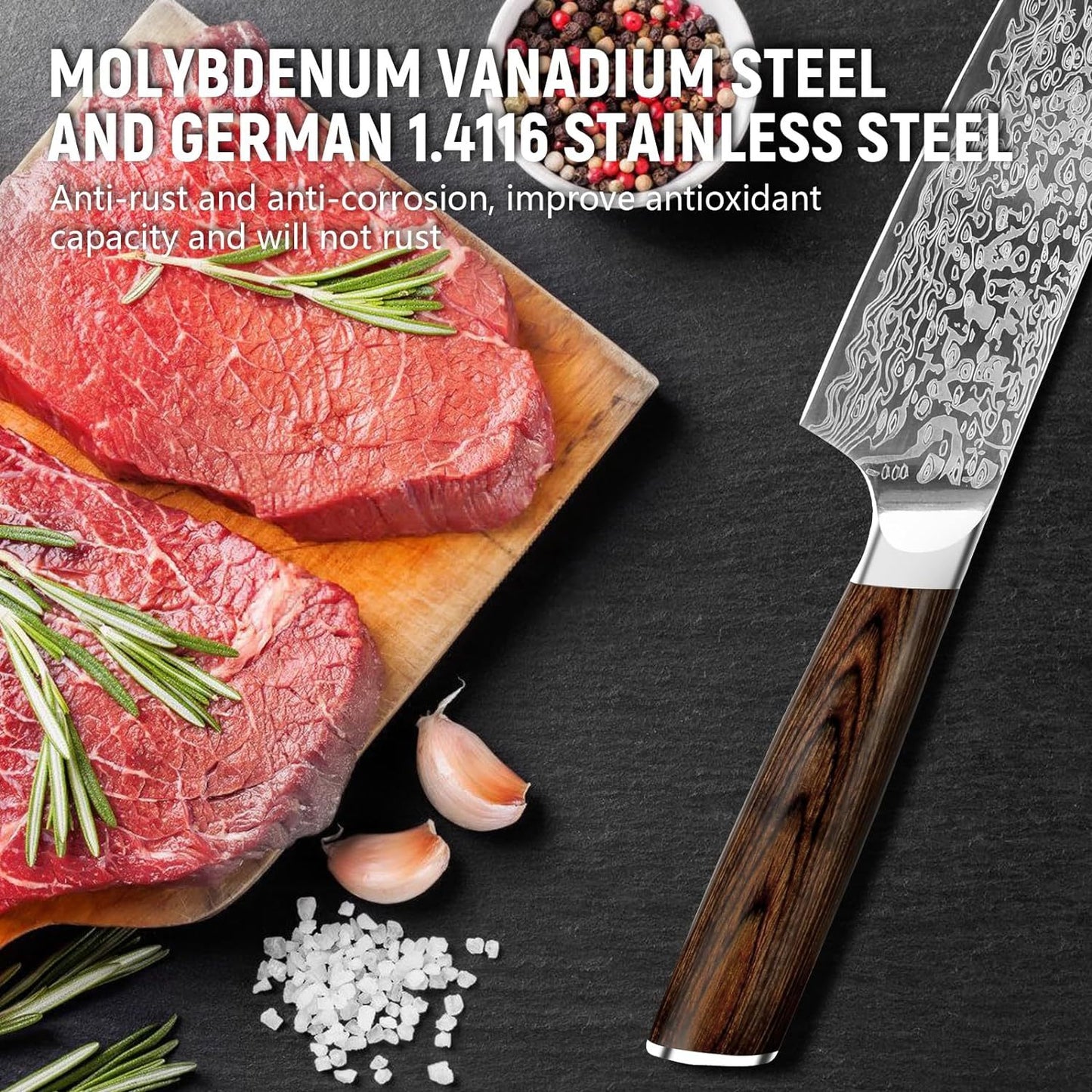 Japanese Vanadium Steel Chef Knife, 7.8 INCH Sharp Kitchen Knives With Laser Pattern And Rosewood Handle