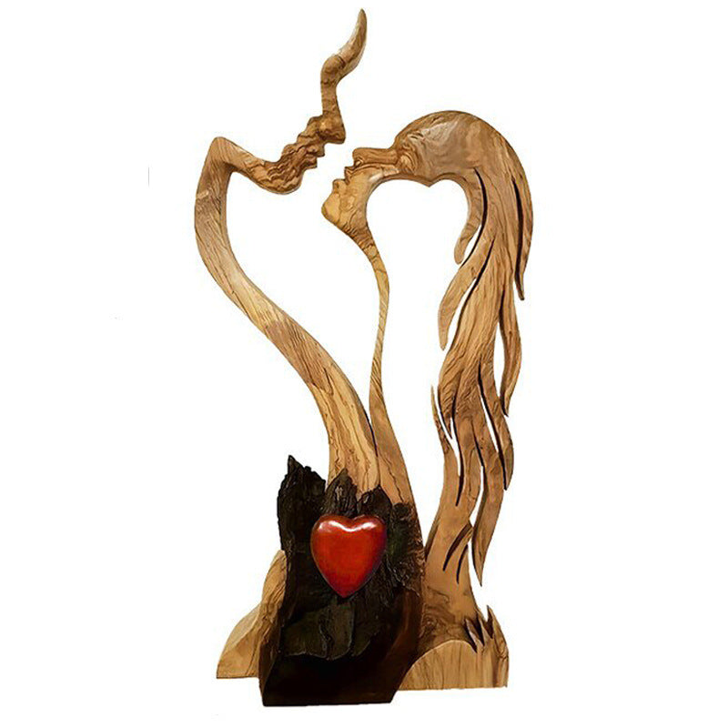 Wooden Lovers Kissing Statue Decoration Ornaments Crafts