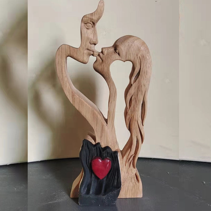 Wooden Lovers Kissing Statue Decoration Ornaments Crafts