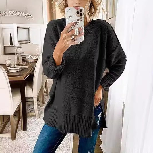 Women's Sweater Round Neck Side Slit Pullover