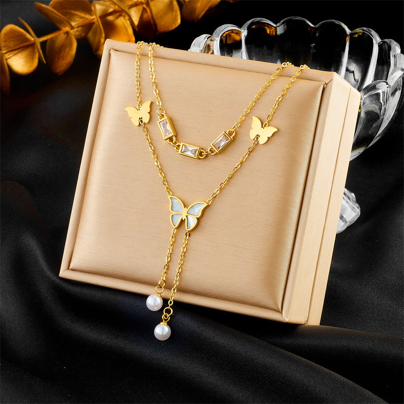 Retro Women's Butterfly Tassel Double-layer Necklace