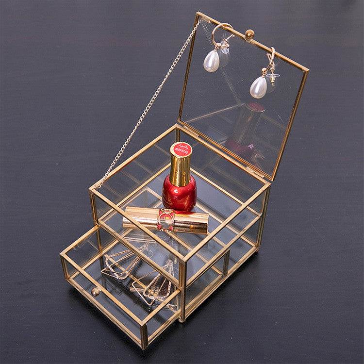 European Creative Dustproof Copper Strip Double Glass Jewelry Box