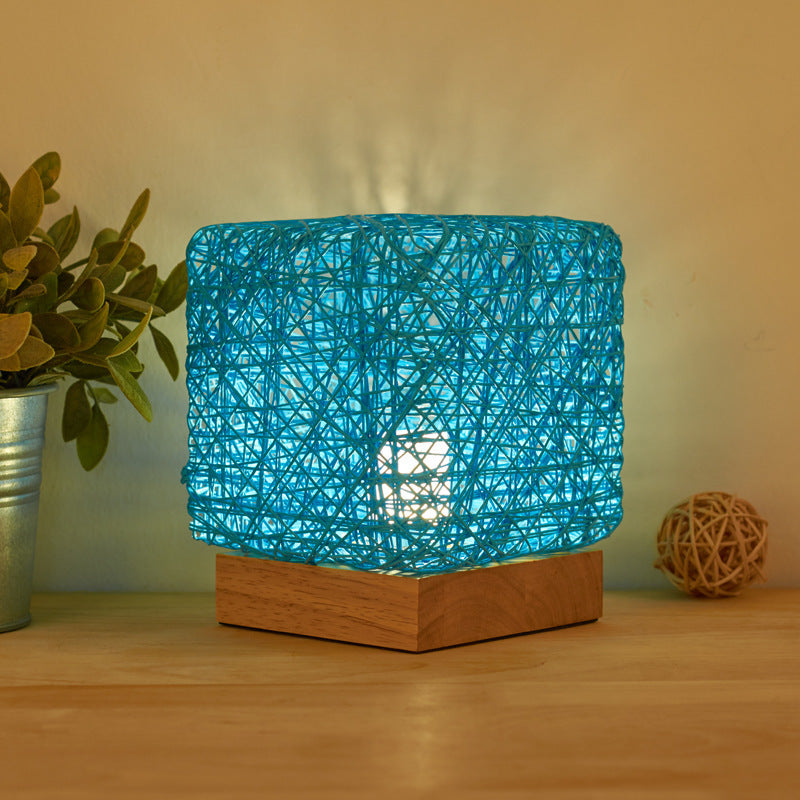 Hand-Knit Dimmable Square LED Desk Lights Wood Rattan Twine USB Charging Table Lamp Girls Bedroom Gift Home Decor Night Lighting