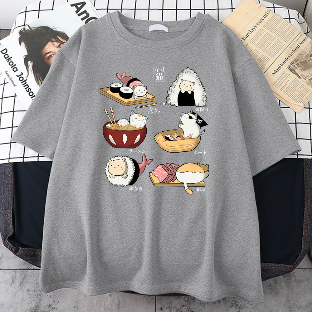 H Cute Cat Sushi Cartoon Style Mens Cotton Short Sleeve