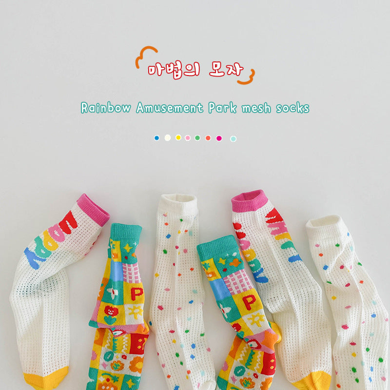 Rainbow Color Mesh Stockings Candy Color Middle Tube Socks For Boys And Girls