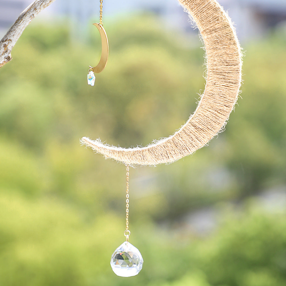 Wooden Woven Hand Gift Moon Crystal Gardening Sun Catcher Wall Decoration Pendant