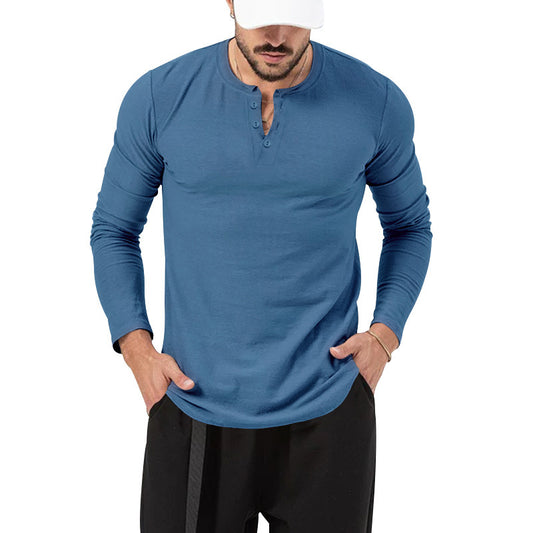 European And American Men's T-shirt Henley Shirt Long Sleeve