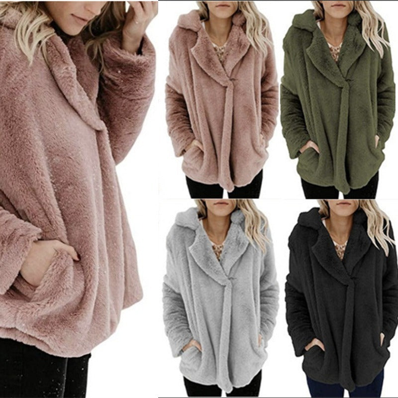 Women's New Cardigan Suit Collar Long Sleeve Plush Top