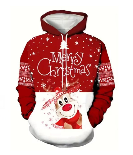 Elk And Santa Claus Printed Hoodie