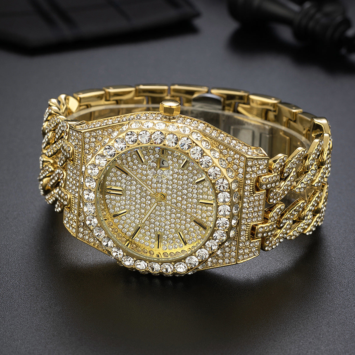 Men's Hip Hop Iced Diamond Fashion Cuban Link Chain Quartz Clock