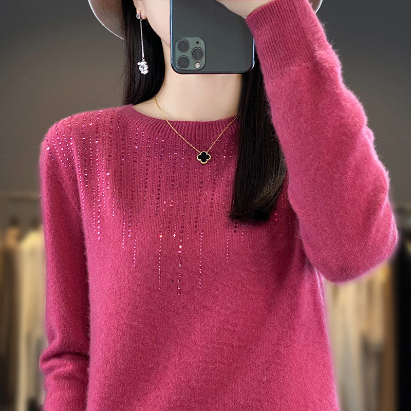 Round Neck Rhinestone Long-sleeved Knitted Bottoming Shirt Women's Pullover Sweater