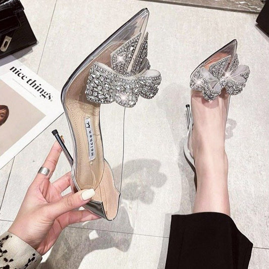 Korean Version Single Shoe Thin Heel Pointed Diamond Bow