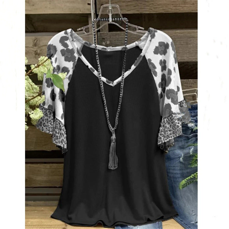 Waffle V-neck Leopard Print Stitching Casual Half Sleeve T-shirt Top