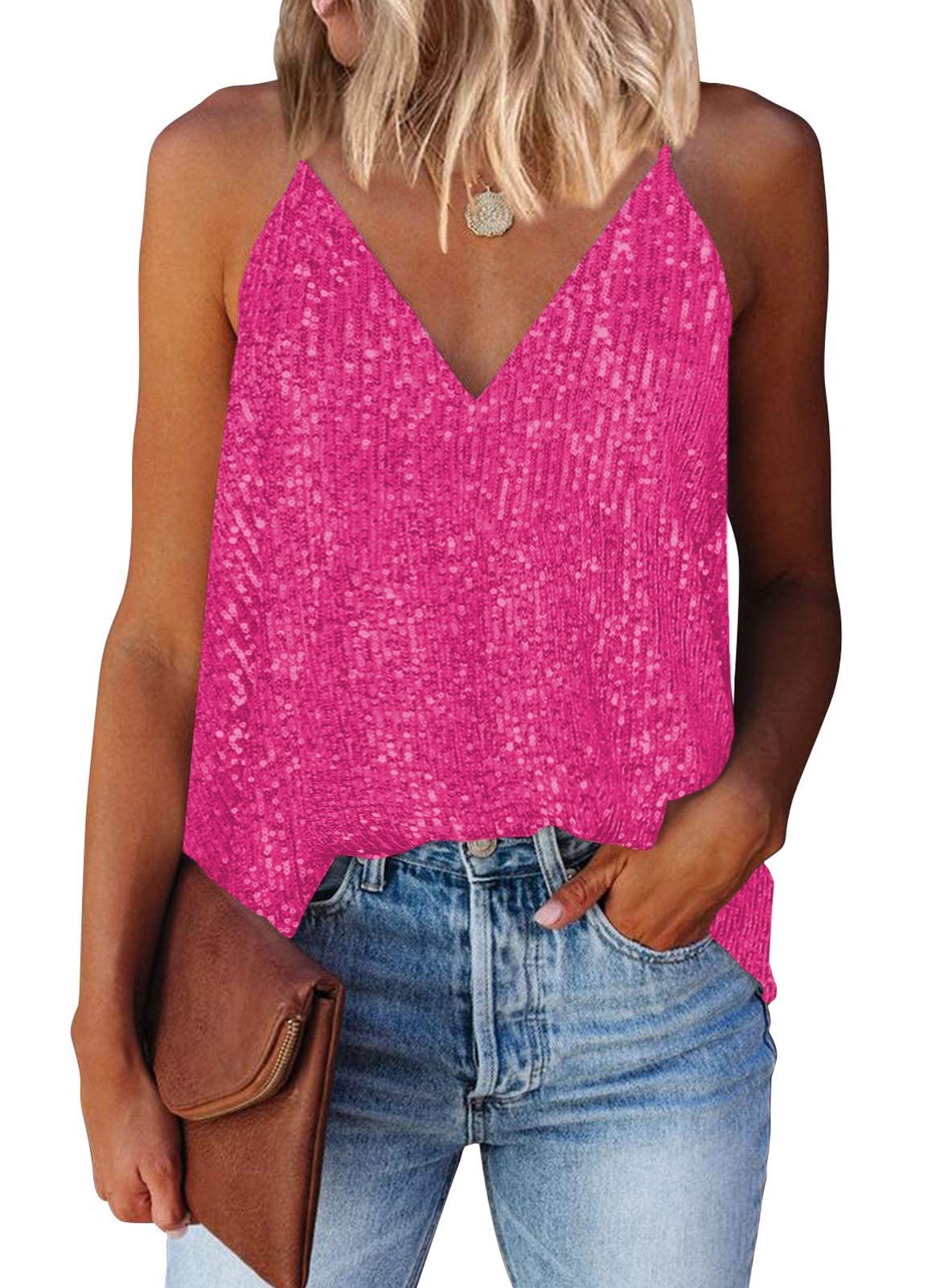 Europe And America Cross Border Foreign Trade Sexy Women Clothing Summer New Amazon Sexy V-neck Sequin Sling Vest T-shirt