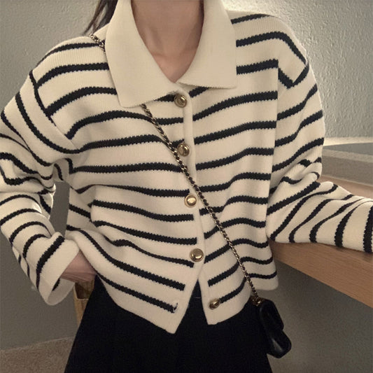 South Korea Chic Winter Retro Anti-aging Lapel Contrast Color Striped Jacquard Metal Button Long Sleeve Knitted Sweater Coat